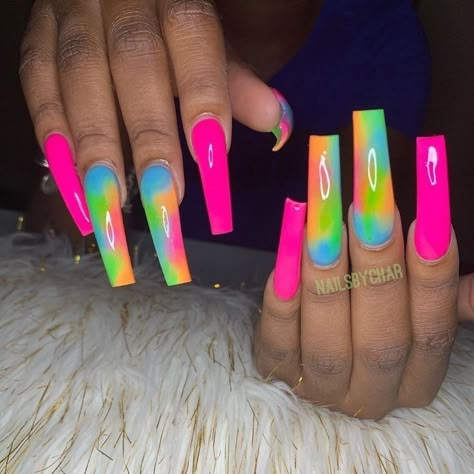 Trendy Rainbow Nails Design Ideas | Long Acrylic Nail #Rainbownails #acrylicnaildesigns #nails #nailsdesign #snapchat #nailsart #bluenails #fakenails #proudbeauty Bright Nails With Rhinestones, Long Acrylic Nails Summer 2023, Raw Nail Designs, Summer Mexico Nails, Rainbow Nails Design, Drip Nails, Ombre Acrylic Nails, Dope Nail Designs, Long Acrylic Nails Coffin