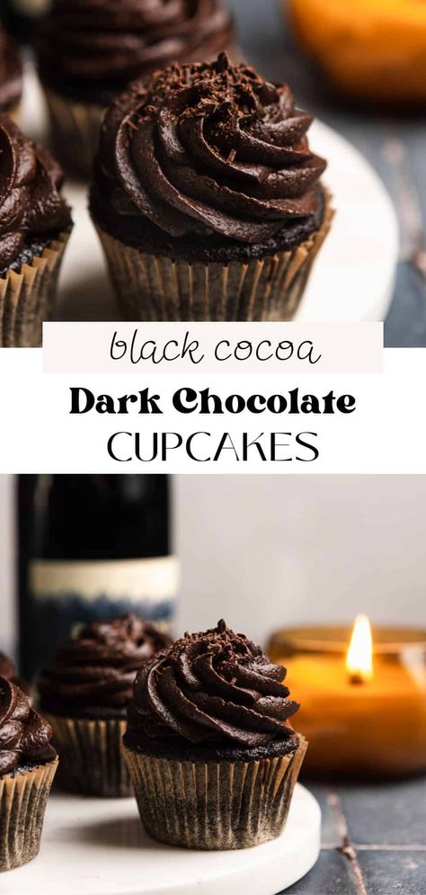 These dark chocolate cupcakes are soft, moist, and perfect for chocolate lovers! Their rich, chocolatey taste comes from two different types of cocoa powder, Dutch-processed and black cocoa, for a deep, bold chocolate flavor in every bite. Dark Chocolate Cupcake Recipes, Dark Chocolate Cupcakes Moist, Dark Chocolate Sauce, Espresso Cupcakes, Dark Chocolate Cupcakes, Black Cocoa, Chocolate Cupcakes Moist, Dutch Cocoa, Coffee Cupcakes