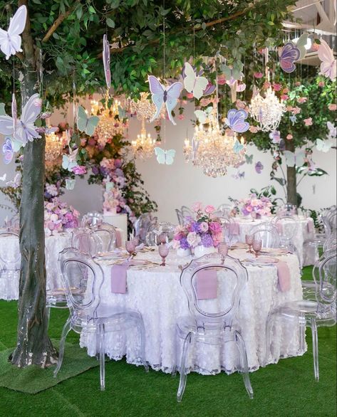 Enchanted Forest Butterfly Quinceanera Theme, Outside Butterfly Birthday Party, Fairies Theme Party, Enchanted Garden Birthday Theme, Fairy Themed Decor, Enchanted Forest Baby Shower Theme Girl Garden, Ethereal Theme Party, Fairy Theme Sweet 16, Garden Theme Birthday Party Decoration