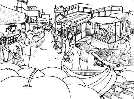 Market Scene Drawing In Perspective, Market Scene Sketch, Market Scene Drawing, Market Drawing Sketches, Market Drawing, Human Sketch, Perspective Sketch, Pen Art Work, Human Figure Sketches