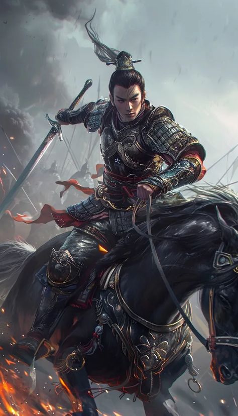 The picture shows a Chinese warrior on a black horse. He is wearing a black and red armor and a helmet with a long white plume ->> more details in ai-img-gen.com Black And Red Armor, Red Armor, Chinese Armor, Battle Scene, Chinese Warrior, Black Horse, Battlefield, Picture Show, Black And Red