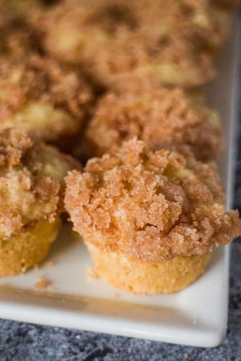 RECIPE for Mini Coffee Cake Muffins that taste just like Coffee Cake but in muffin form! They are so easy to make! You'll love the delicious cinnamon sugar crumble on top too! Recipe makes 16 mini muffins. Mini Coffee Cake, Mini Muffin Tin Recipes, Coffee Cake Muffin Recipes, Mini Muffin Recipe, Breakfast Coffee Cake, Morning Glory Muffins, Coffee Cake Muffins, Cake Mini, Cake Muffins