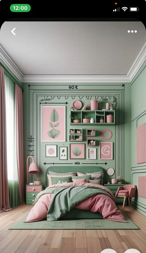 Green Room Pink Accents, Pink Green Bedroom Decor, Lavender Green Bedroom, Pink And Emerald Green Bedroom, Pink And Green Interior Design, Mint Green Interior Design, Dark Green And Pink Bedroom, Pink Green Room, Green Girls Bedroom