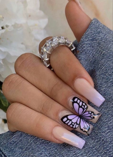 Acrylic Nail Designs Coffin, Amazing Nail Art, Butterfly Nail Designs, Fab Nails, Wow Nails, Lavender Nails, Butterfly Nail Art, Simple Gel Nails, Summer Acrylic Nails