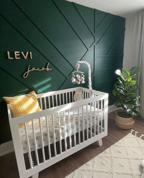 Sarah | Nursery Decor & Design on Instagram: “Moody green wood accent walls were trending all throughout 2021 - what will the next trend be?!⁠ ⁠ ⁠ Light and bright, dark and moody,…” Wood Wall Nursery, Wood Accent Walls, Nursery Inspiration Boy, Modern Nursery Design, Nursery Name Decor, Nursery Designs, Dreamy Nursery, Green Accent Walls, Nursery Name Sign