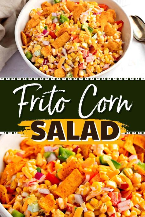 This Frito corn salad is a party on a plate! It's packed with corn, bell peppers, onions, cheese, and crunchy Fritos. You'll love every irresistible bite! Crunchy Frito Corn Salad, Fritos Corn Salad Recipe, Chili Frito Corn Salad, Fritos Cowboy Cabbage, Frito Salad Recipes, Fast Potluck Ideas, Frito Salad With Catalina Dressing, Chili Cheese Frito Corn Salad, Frito Corn Salad Recipe