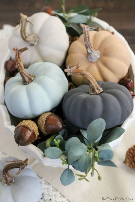 Get a textured finish courtesy of trendy chalk paint. These mini pumpkins can do double duty at a Thanksgiving table, too. Click through the tutorial and more painted pumpkin decorating ideas for Halloween. Paint Pumpkins, No Carve Pumpkin Decorating, Chalky Paint, Fall Decorating Ideas, Diy Pumpkin, All Things Fall, Fabulous Fall, Pumpkin Crafts, Fall Decor Ideas