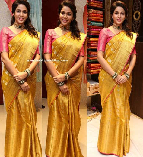 Mustard Kanjeevaram Saree, Yellow Kanchi Pattu Saree, Yellow Saree For Haldi Function, Yellow Kanchipuram Saree, Yellow Pattu Saree, Hairstyle Engagement, Half Saree Function, Lavanya Tripathi, Mirror Work Blouse Design