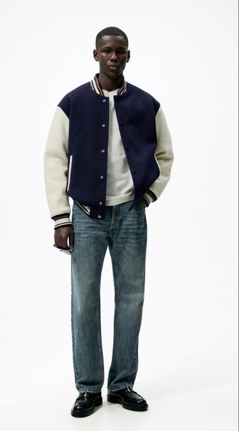 Varsity Bomberjack Outfit, Denim Varsity Jacket Outfit, Preppy Editorial, Retro Men Outfit, Varsity Jacket Outfit Mens, Denim Moodboard, Mens Streetwear Urban, Varsity Jacket Outfit, Class Outfits