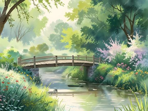 Premium Photo | A painting of a bridge with a bridge and trees in the background Wooden Bridge Drawing, Bridge Drawing, Bridge Painting, Forest Background, Scenery Paintings, Wooden Bridge, Background Drawing, A Bridge, Premium Photo