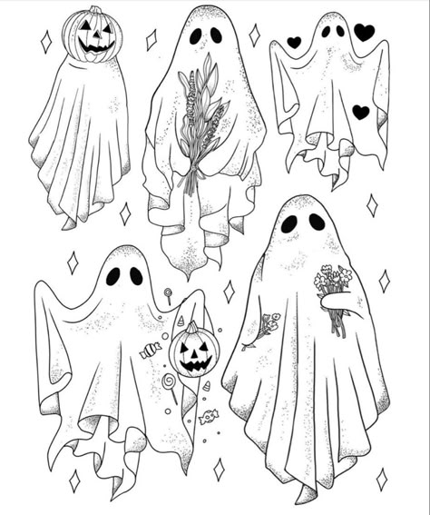 Tattoo Flash Sheets Halloween, Halloween Doodle Tattoo, Halloween Tattoo Ideas Flash, Spooky Tattoo Flash Sheet, Halloween Sticker Tattoo, Cute Sheet Ghost Drawing, Cute Sheet Ghost Tattoo, Halloween Outline Tattoo, Ghost Flash Art