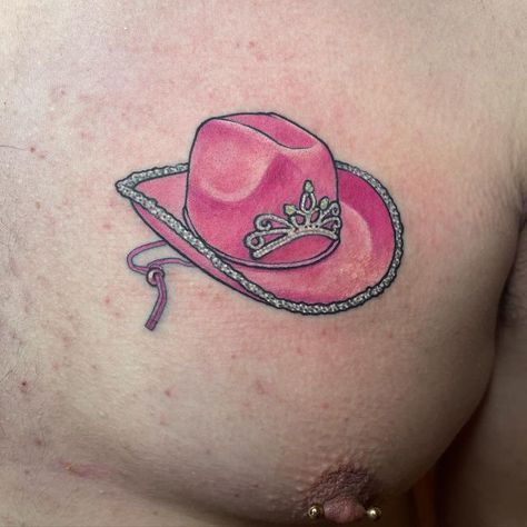 Gab Yunis on Instagram: "Cutest lil tat- thank you Colin! #gabyunis #cowboyhat #cowboyhattattoo #pinktattoo #bedazzled" Pink Cowgirl Hat Tattoo, Pink Cowboy Hat Tattoo, Cowboy Hat Tattoo, Cool Cowboy, Hat Tattoo, Pink Tattoo, Ancient Tattoo, Pink Cowboy Hat, Western Tattoos