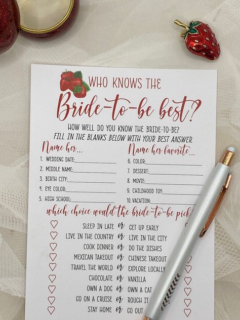 Printed Bridal or Wedding Shower game. How well do you know the bride-to-be?  Package of 24, size 5x7, Strawberry themed, red Bridal Shower For Two Brides, Love Theme Bridal Shower Ideas, Berry Sweet Bridal Shower Theme, Bridal Shower Red Theme, Strawberry Themed Bridal Shower Ideas, Strawberry Wedding Theme, Red Bridal Shower Theme, Berry Themed Bridal Shower Ideas, Berry In Love Bridal Shower Theme