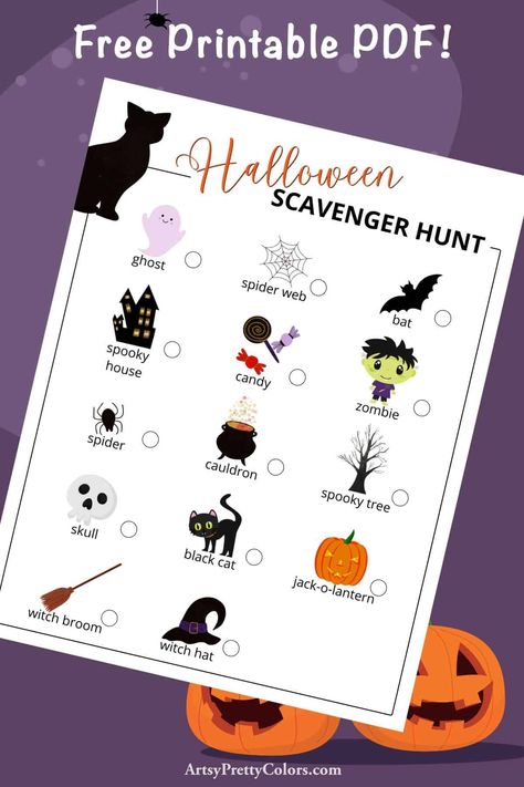 A fun activity for the spooky season – a free Halloween Scavenger Hunt For Kids! This printable PDF has a list of Halloween-themed items for your kids to find around the neighborhood. The perfect activity for kids of all ages. #Halloweenideas#Halloweenactivity#halloweenprintables#holidayprintable#kidsactivity Halloween Neighborhood Scavenger Hunt, Halloween Scavenger Hunt For Kids Free, Halloween Scavenger Hunt For Kids, Book Scavenger Hunt, Preschool Scavenger Hunt, Neighborhood Scavenger Hunt, Printable Halloween Decorations, Halloween Scavenger Hunt, Fall Decor Diy Crafts