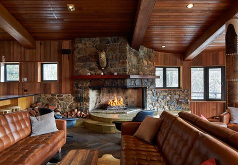 After almost 30 years. 70s Ski Lodge, Aspen Ski Lodge, Ski Lodge Interior, Aspen Lodge, Lodge Aesthetic, Ski Cabin, Bar Design Awards, Falls Creek, Cabin Interiors