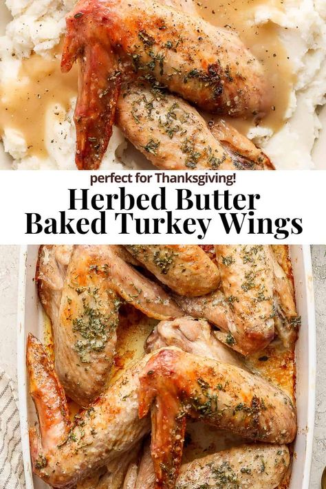 Our Herbed Butter Baked Turkey Wings recipe is a delicious and easy way to prepare turkey wings to enjoy with your favorite side dishes! #bakedturkeywings #bakedturkeywingsovenrecipe #bakedturkeywingssoulfood #bakedturkeywingsovenrecipeeasy Smoked Turkey Wings Recipes Oven Baked, Turkey Wings Recipe Baked, Turkey Wing Recipes Baked, Wings Recipe Oven, Bake Turkey Wings Recipe, Turkey Wings Recipe, Easy Oven Recipes, Roasted Turkey Legs, Smothered Turkey Wings