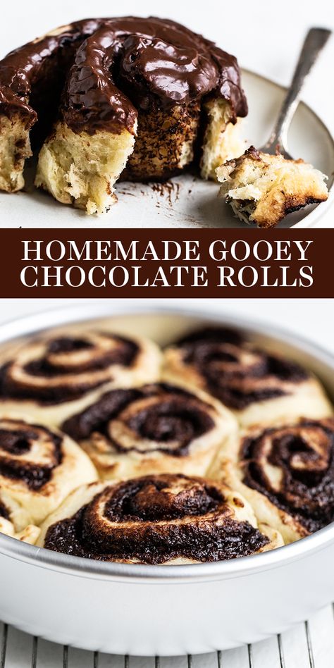 Gooey Chocolate Rolls are what happens when you take fluffy cinnamon buns and fill them with an ooey gooey chocolate filling then top them with a rich cocoa icing. Easy homemade, from-scratch recipe made with instant yeast. This makes the best breakfast or brunch idea for a crowd during the holidays or Christmas morning! #cinnamonrolls #chocolaterolls #christmasbreakfast #cinnamonrollrecipe Fluffy Cinnamon Buns, Chocolate Rolls, Sweet Roll Recipe, Breakfast Rolls, Cookies Bars, Chocolate Roll, Breakfast Sweets, The Best Breakfast, Cinnamon Rolls Homemade