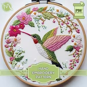 View Love / St. Valentine by ModaVationStitchery on Etsy Hummingbird Embroidery Pattern Free, Hummingbird Embroidery, Purple Hummingbird, Hummingbird Pattern, Embroidery Guide, Bird Embroidery Pattern, Digital Embroidery Patterns, Embroidery Tools, Flowers Embroidery