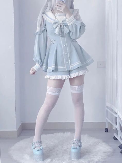 Kawaii Outfits Blue, Pastel Blue Outfit Korean, Mizuiro Outfit, Blue Cutecore Outfit, Jirai Kei Blue, Tenshi Kawaii Outfit, Tenshi Kaiwai Outfits, Kawaii Kei Outfit, Blue Kawaii Outfit