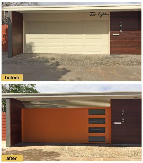 Mcm Garage Doors, Mcm Palette, Garage Door Curb Appeal, Mid Century Garage, Faux Wood Garage Door, Contemporary Garage Doors, Garage Door Colors, Metal Garage Doors, Mod House