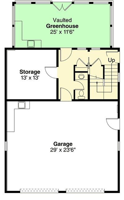 This 2-car garage has two 10' wide by 10' tall garage doors and can house 2 cars. In the back a door separates the main garage from a powder bath, storage room and a set of stairs that leads up to the attic. If you continue through the hall a second door will lead you to a vaulted greenhouse with a work bench and sink. The attic can be outfitted with a bath creating a great apartment or office/workshop. The roof has a 9:12 pitch. Living Garage Ideas, Powder Bath Storage, Garage With Greenhouse, Garage With Bathroom, Tall Garage Doors, Carriage House Plans Garage Apartments, Shop Building Plans, Beach Garage, Tall Garage