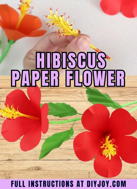 Looking for an easy craft to pass time? Make this beautiful hibiscus paper flower. How To Make Hibiscus Flowers From Paper, Tissue Paper Hibiscus Flowers Diy, Diy Hibiscus Flower Paper, Tropical Paper Flowers Diy, Paper Hibiscus Flowers Diy, Hibiscus Flower Craft, Diy Construction Paper Crafts, Hibiscus Flower Template, Tropical Paper Flowers