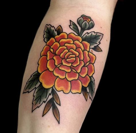 Traditional Style Carnation Tattoo, Marigold Elbow Tattoo, American Traditional Marigold Tattoo, Marigold Tattoo Traditional, Marigold Traditional Tattoo, Traditional Marigold Tattoo, Marigold Flower Tattoos, Traditional Mexican Tattoo, Mexican Traditional Tattoo