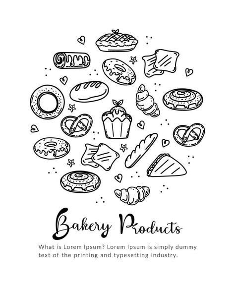 Bakery and pastry collection with various sorts of bread, croissant, pretzel, french baguette, rolls, bagels, cupcake, cakes, muffins. Hand drawn doodle style vector illustrations isolated on white. Pretzel Doodle, Croissant Doodle, Bakery Doodles, Pastry Tattoo, Cake Doodle, Bread Croissant, Pastry Basket, Bakery Icon, Doodle Journal