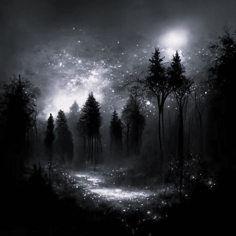 “...a passionate yearning for the garden, the darkness, the pure sky, the stars.” -Anton Chekhov Magical Forest Aesthetic Night, Fantasy Night Aesthetic, Magical Forest Acrylic Painting, Mystical Forest Illustration, Forest Fantasy World, Mountains At Night Painting, Forest At Night Painting, Anime Forest Aesthetic, Pretty Forest Aesthetic