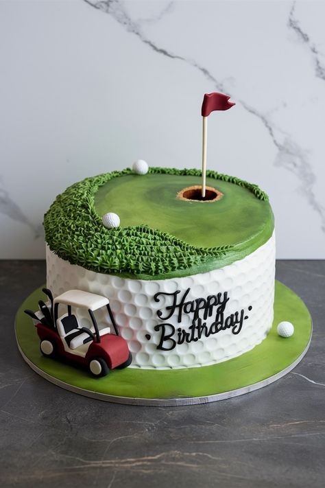 Fairway Favorite: Stylish Golf Birthday Cake for Him Golf Cakes For Men Birthdays, Gold Frosting, Gold Icing, 60th Birthday Cake For Men, Golf Birthday Cake, Cake For His Birthday, Golf Themed Cakes, Cake For Him, Golf Birthday Cakes