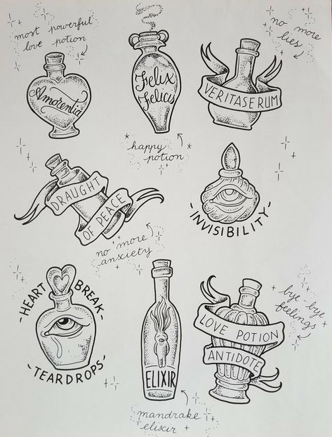 Harry Potter Tattoos Potions, Harry Potter Potion Bottles Drawing, Love Potion Harry Potter Tattoo, Harry Potter Potions Drawings, Love Potion Tattoo Bottle, Harry Potter Potion Tattoo, Sketch Harry Potter, Love Potion Tattoo, Harry Potter Love Potion