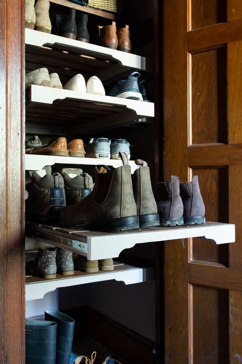 Laundry Coat Closet, Boot Room Shoe Storage, Alcove Shoe Storage, Boot And Shoe Storage Ideas, Mudroom With Shoe Storage, Coat Closet Shoe Storage, English Boot Room, Boot Storage Closet, Landing Storage