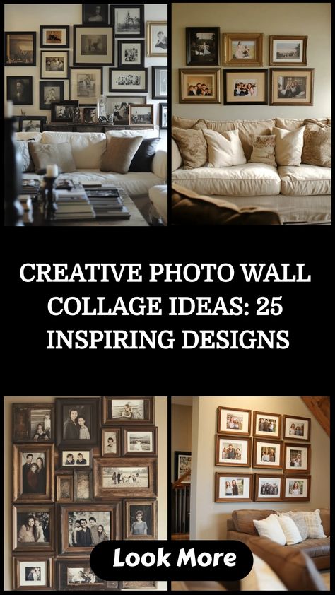 Looking to add a personal touch to your living room? Create a stunning photo wall collage that tells the story of your life. Get inspired with these creative photo wall ideas that will turn your blank wall into a masterpiece. Whether you want a modern and minimalist photo wall or a cozy and eclectic one, there are endless possibilities to express your unique style. Transform your space with a personalized photo wall collage that reflects who you are and the memories you hold dear. School Picture Photo Wall, Collage Of Photos In Frame, Photo Walls Living Room, Vintage Wall Collage Ideas, Farmhouse Family Picture Wall Ideas, Photo Wall Collage Hallway, Family Wall Pictures Ideas, Family History Photo Wall, Minimalist Photo Wall