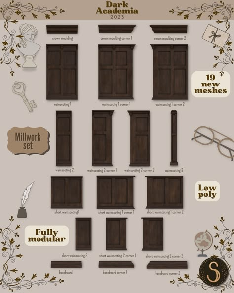 Dark Academia (2) - Millwork set | Patreon Sims 4 Wainscoting, Sims 4 Cc Traditional Furniture, Sims 4 Cc Dark Academia Patreon, Sims 4 Cc Wood Panelling, Sims 4 Dark Academia Furniture, Sims 4 Wall Trim Cc, Sims 4 Wainscoting Cc, Sims 4 Wood Paneling Cc, Sims 4 Paneling Cc