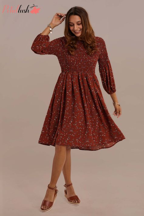 Flattering Fall Dresses, Rust Floral Dress, Modest Knee Length Dresses, Casual Frocks For Women Knee Length, Fall Dresses For Petite Women, Fall Church Dresses, Fall 2022 Dresses, Fall Colors Outfits, Fall Boho Dress