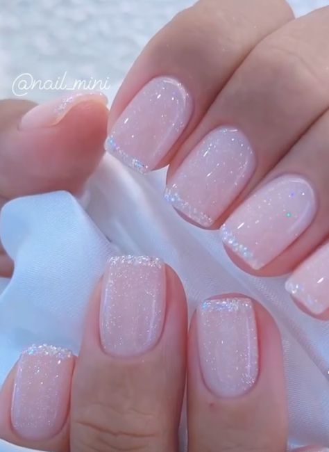 Wedding Nails With Sparkle, Pink Nails With Silver Tips, Fun Neutral Nails Sparkle, Pale Pink Christmas Nails, Sparkly Bridal Nails, Pale Pink Glitter Nails, Classy Winter Nails Simple, Pale Pink Nails With Glitter, French Sparkle Nails