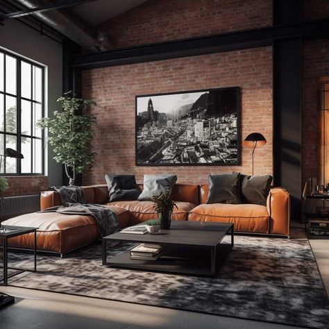 Mens Living Room Ideas, Mens Living Room, Brick Wall Living Room, Masculine Living Rooms, Industrial Style Living Room, Sofa Design Ideas, Industrial Living Room, Industrial Livingroom, Industrial Living