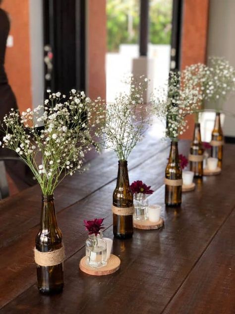 Crafty Creations with Bottle Table Decor Beer Centerpieces, Beer Bottle Centerpieces, Beer Bottle Wedding, Beer Bottle Decor, Rustic Birthday Parties, Wine Bottle Centerpieces, Rustic Birthday, Wedding Wine Bottles, Home Decor Ideas Diy