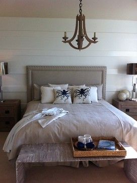 contemporary rustic nautical bedroom - Rustic chandelier, touch of nautical with the pillows, sandy beach color scheme, clean lines of headboard and side tables.  miami - SUSAN PETRIL, INTERIOR DESIGNS Rustic Nautical Bedroom, Bedroom Ideas No Headboard, Headboard Inspiration, Beach Style Bedroom, Home Decor Sites, Eclectic Bedroom, Vanguard Furniture, Bedroom Photos, Beach Bedroom