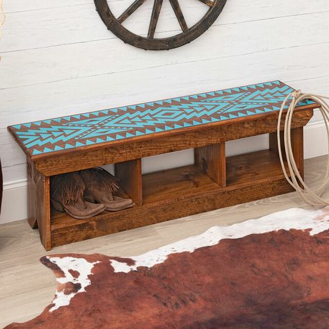 Sky Arrows Turquoise & Natural Bench Western Furniture Ranch Style, Southwest Boho Decor, Bedding Western, Southwestern Furniture, Barbie Painting, Southwest Furniture, Cowhide Decor, Refurbishing Furniture, Turquoise Furniture