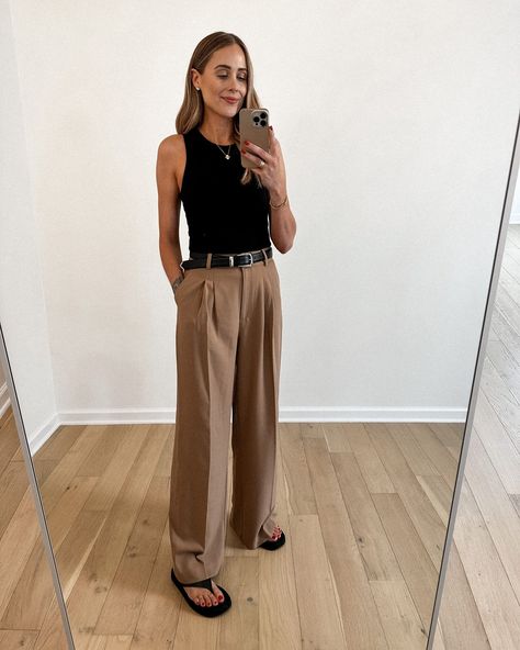 Fashion Jackson Wearing MAYSON the label black rib fitted tan,, camel wide leg trousers, khaite black benny belt, the row black ginza leather suede sandals, casual outfit, Camel Trouser Outfits, Camel and Black Womens Outfit, casual workwear outfit, camel and black work outfit Tan Pants Casual Outfit, Black Tailored Trousers Outfit Casual, Black And Beige Outfit Women, Tan Tailored Pants Outfit, Camel Wide Leg Trousers Outfit, Tan Work Pants Outfit, Camel Wide Leg Pants Outfit, Casual Black Trousers Outfit, Tan Trousers Outfit Women