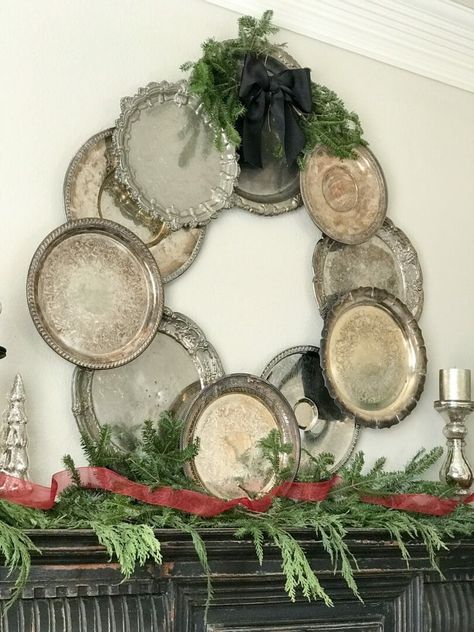 County Road 407 Silver tray wreath for a Christmas show stopper. A classic Christmas tour by CountyRoad407.com Silver Plated Trays Repurposed, Silver Plate Christmas Decor, Silver Tray Wreath, Silver Plate Decor, Dripless Candles, Classic Christmas Movies, Christmas Tray, Traditional Ornaments, Christmas Tours