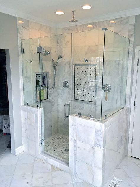 Frameless Walk In Shower No Door Dimensions, Acrylic Walk In Showers, Luxury Bathroom Master Baths Walk In Shower Glass Doors, Master Shower With Half Wall, Showers With Half Glass Walls, Showers With Half Walls, Showers Without Doors Walk In, Glassless Shower Walk In, Half Wall Shower Ideas