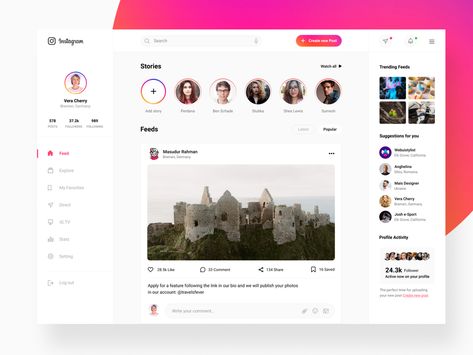 Instagram Redesign Concept (Web app) by Zihad Islam on Dribbble Instagram Redesign, Web App Ui Design, Social App Design, Website Design Inspiration Layout, Concept Web, Web Design Tools, Social Web, Logo Design Video, Creative Web Design