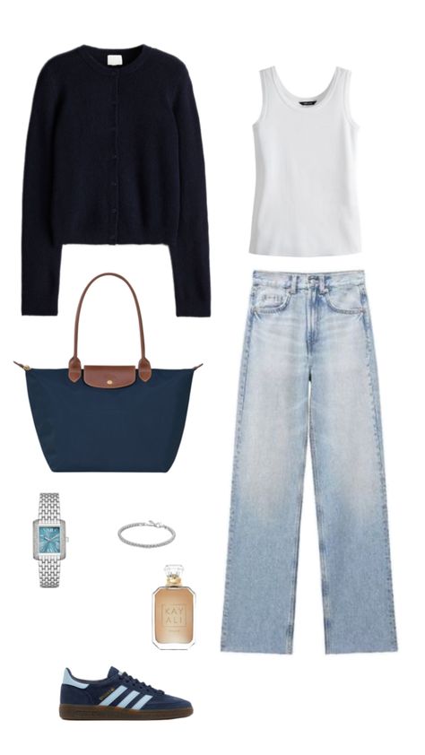 navy blue outfit, basic jeans and tank top, good for university, fall outfits Navy Blue Cardigan Outfit, Blue Sambas, Blue Cardigan Outfit, Navy Blue Outfit, Basic Jeans, Cardigan Outfit, Navy Blue Cardigan, Cardigan Outfits, Blue Cardigan