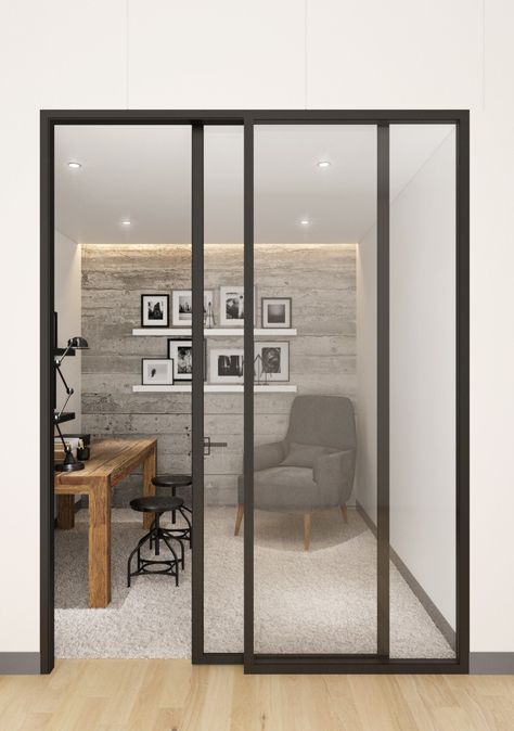 Private Office Doors, Linen Organization, Dividing Rooms, Glass Wall Office, Tiny Office, Corporate Interior Design, Minimalist Home Office, Loft Office, Small Space Office