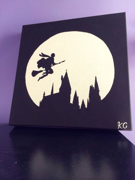 Hogwarts Painting, Hogwarts Silhouette, Harry Potter Silhouette, Mini Tela, Harry Potter Painting, Arte Nerd, Theme Harry Potter, Silhouette Painting, Potter Art