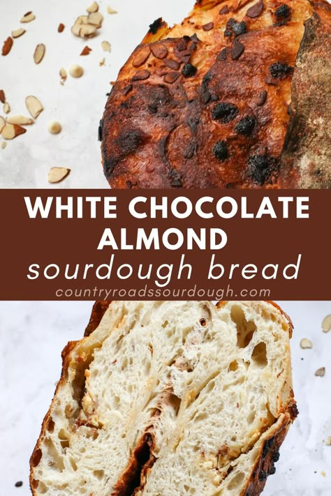 This White Chocolate Almond Sourdough Bread is sweet and flaky, with an irresistible buttery, almond flavor. Stuffed with a homemade almond paste, white chocolate chips and almonds this sweet sourdough mix-in is a must try! Ferment Recipes, Bread Flavors, Sourdough Dessert Recipes, Easy Sourdough Discard Recipes, Sourdough Dessert, Using Sourdough Discard, Bread For Beginners, Artisan Sourdough Bread Recipe, Dessert Loaf