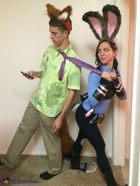 Jill: My son in the Air Force asked me to make him and his girlfriend costumes of Nick and Judy from Zootopia. But they are across the country, and I had... Girlfriend Costumes, Zootopia Costume, Judy Hopps Costume, Disney Couple Costumes, Cool Couple Halloween Costumes, Zootopia Nick, Zootopia Nick And Judy, Nick And Judy, Couple Costumes