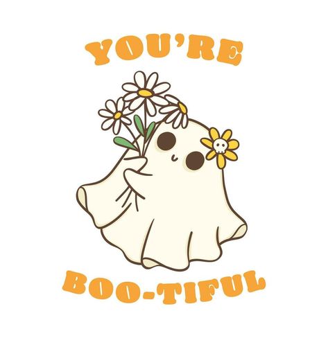 Cute Halloween ghost with daisy flower, kawaii Retro floral sppky ghost, You are boo-tiful, cartoon doodle outline drawing illustration idea for greeting card, t shirt design and crafts. You Are Boo Tiful, Cute Halloween T Shirts, Cute Halloween Cartoon Drawings, Halloween Cute Illustration, Ghost Illustration Cute, Ghost Cartoon Cute, Halloween Cute Aesthetic, Boo Doodle, Boo Painting